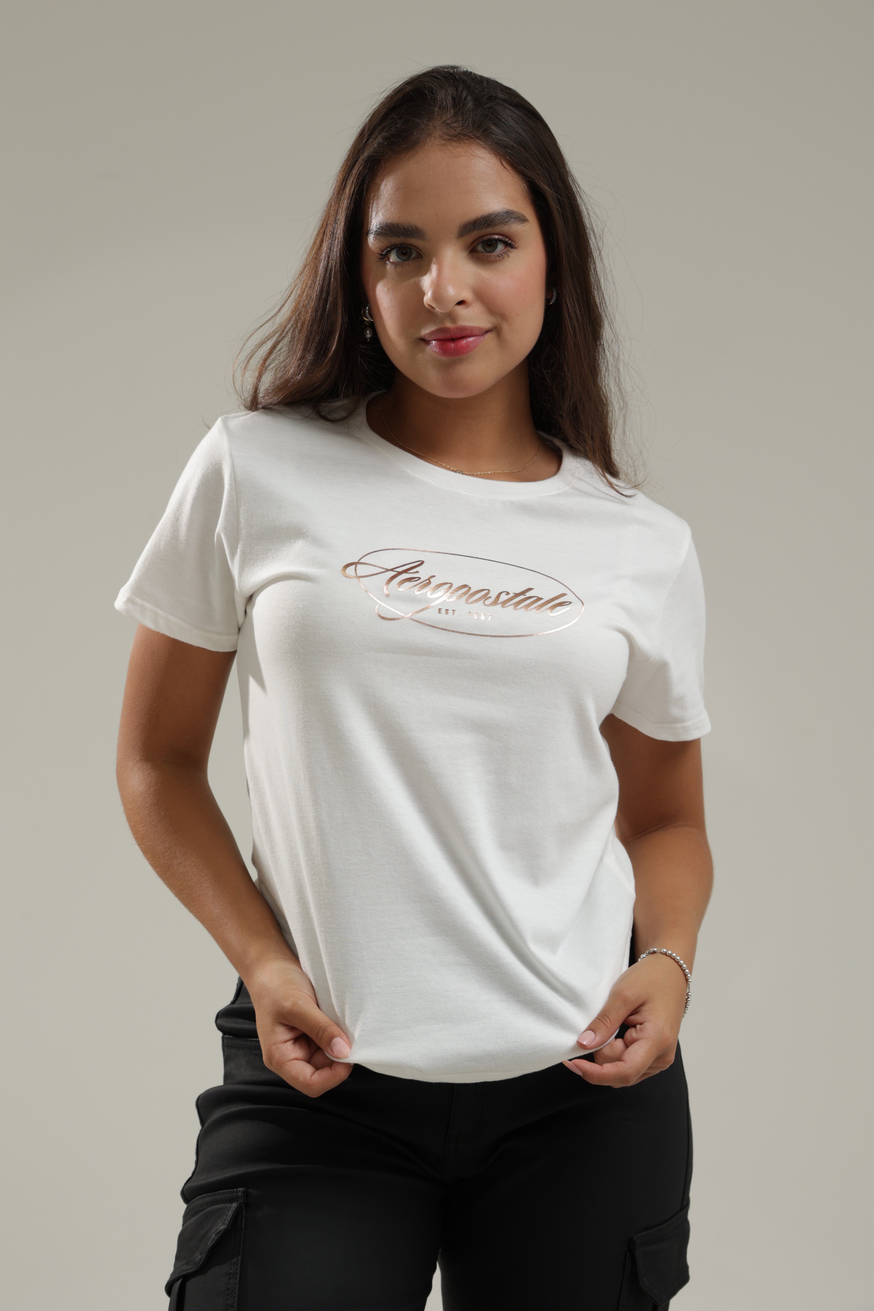 Camiseta Blanca Para Mujer Aeropostale Graphic Level 2 Egret Golden Letters