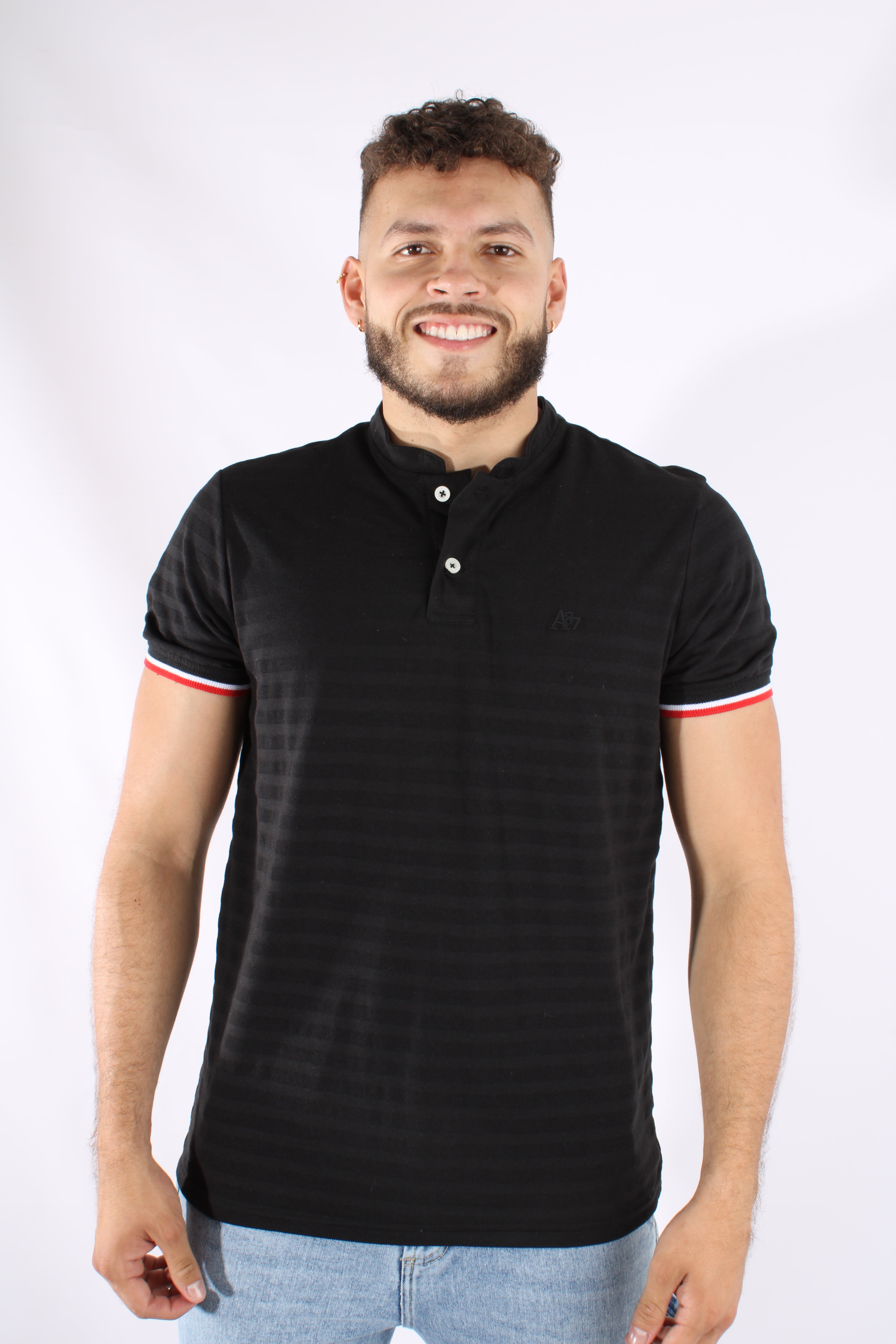Camiseta Polo Negra Para Hombre Red And White Sleeves Aero Guys Ss