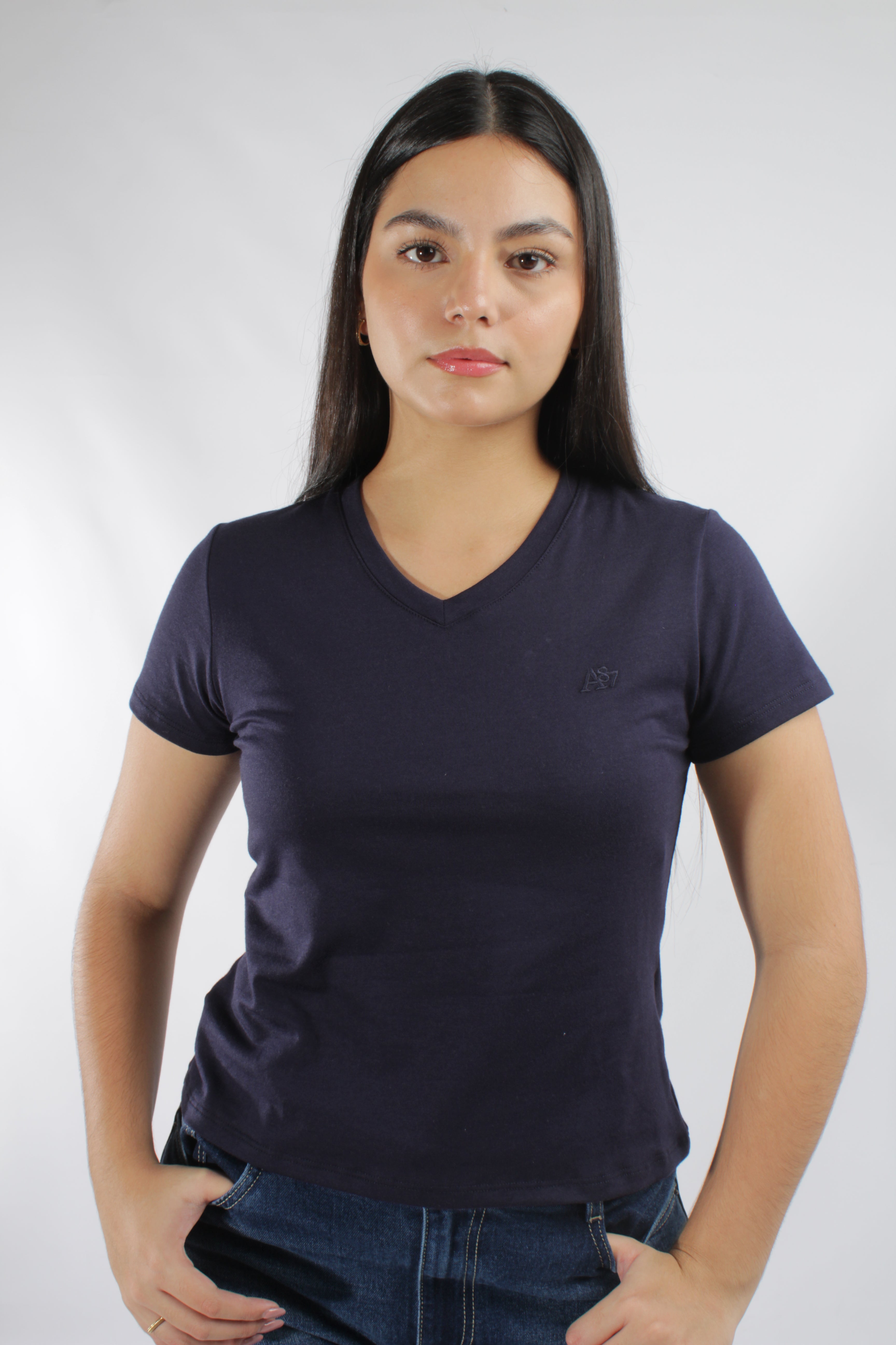 Camiseta Básica Azul Oscuro Para Mujer V Neck Aero Girls Solid Ss True Navy