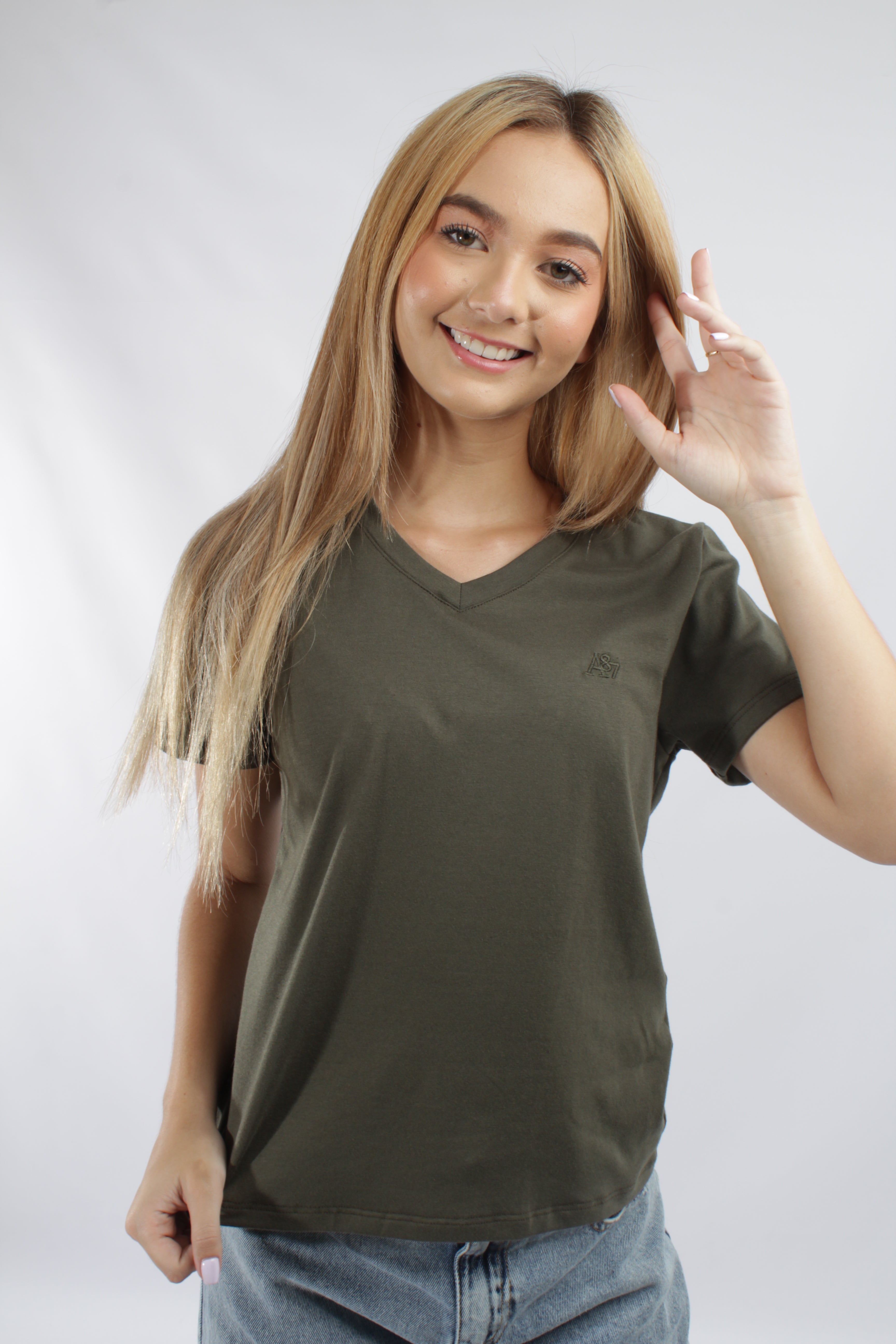 Camiseta Básica Verde Oscuro Para Mujer Neck V Aero Girls Solid Ss Silver Pine