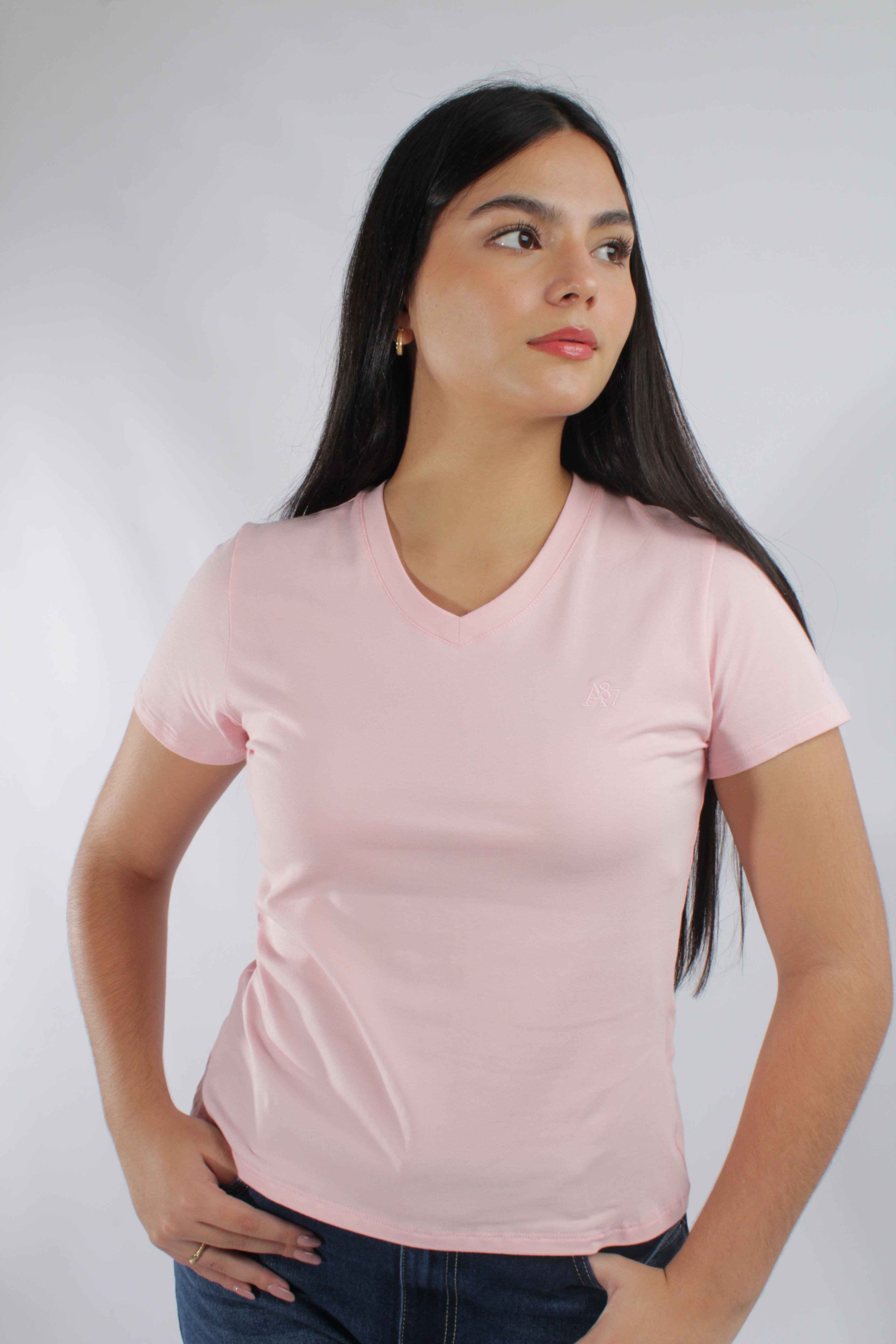 Camiseta Basica Para Mujer Neck V Aero Girls Solid Ss Silver Pink