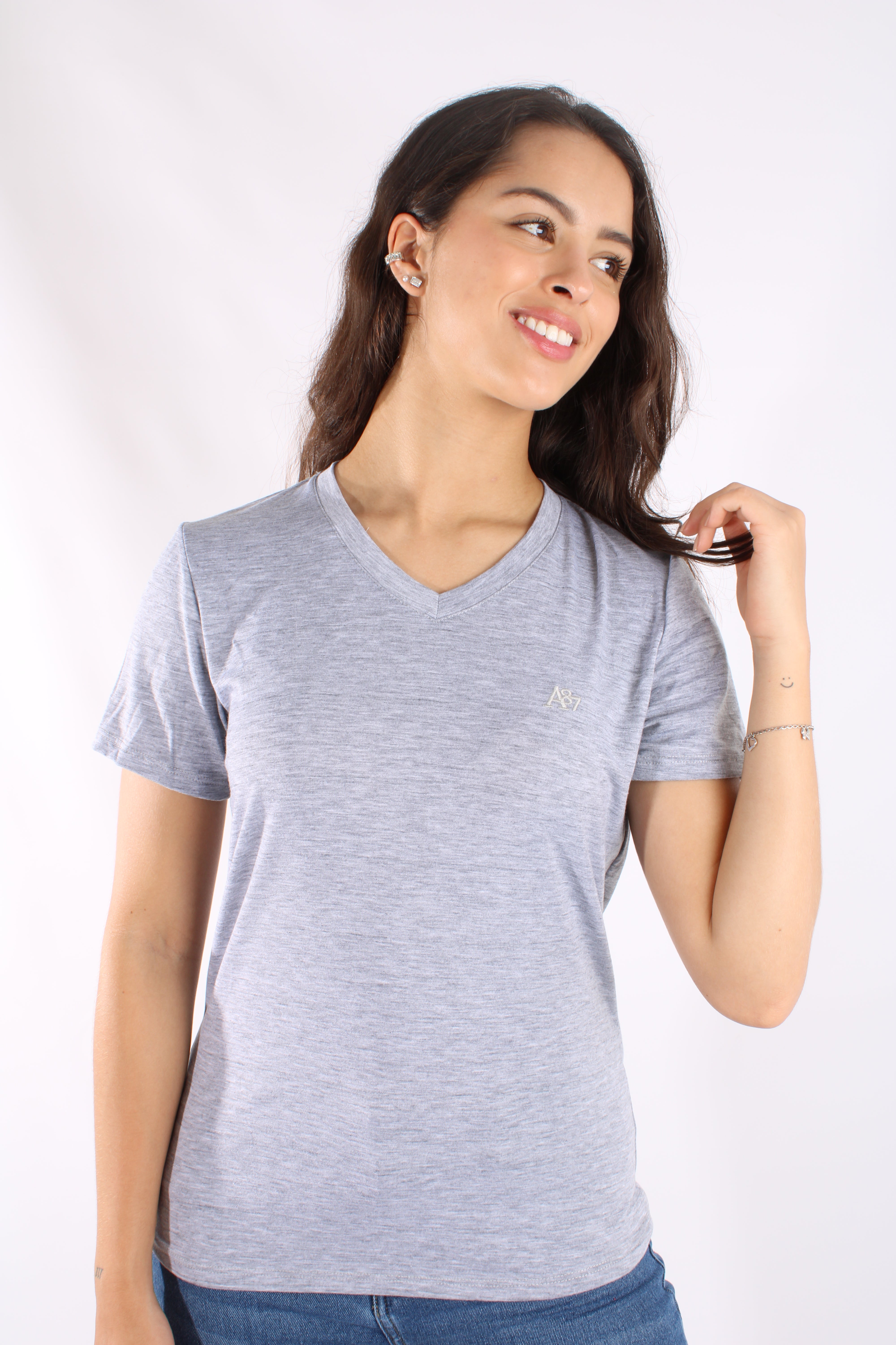 Camiseta Básica Gris Para Mujer Neck V Aero Girls Solid Ss Lhg