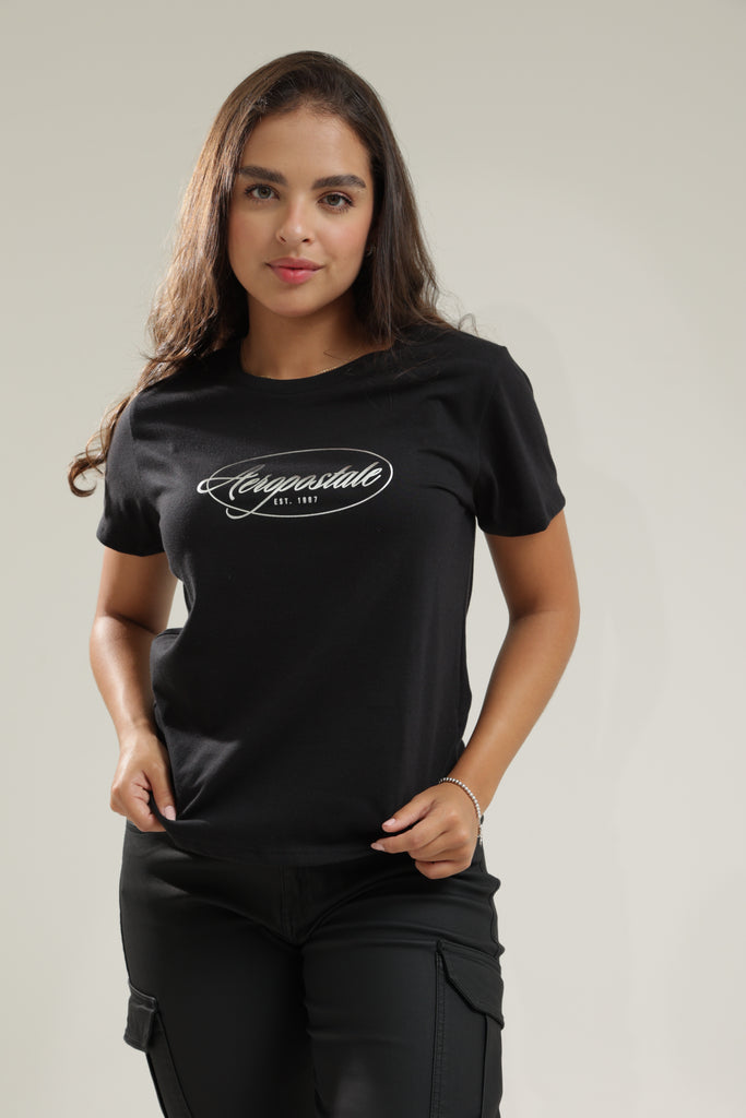 Camiseta Para Mujer Aero Graphic Level 2 Dark Black Silver Cursive Letters