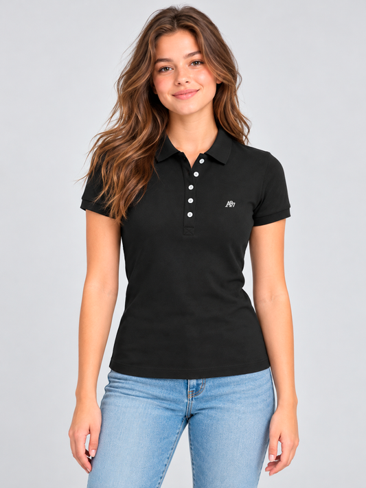 Polo Para Mujer Aero Solid Polo Dark Black Logo Blanco