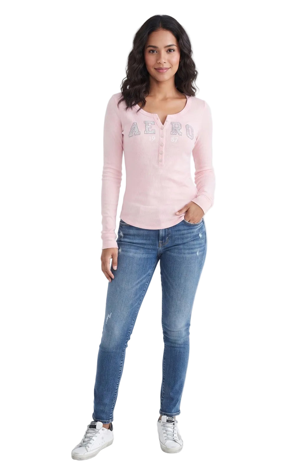 AERO GIRLS LS HENLEY MERMAID PINK