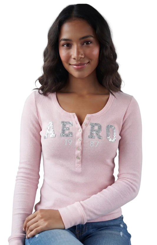 AERO GIRLS LS HENLEY MERMAID PINK