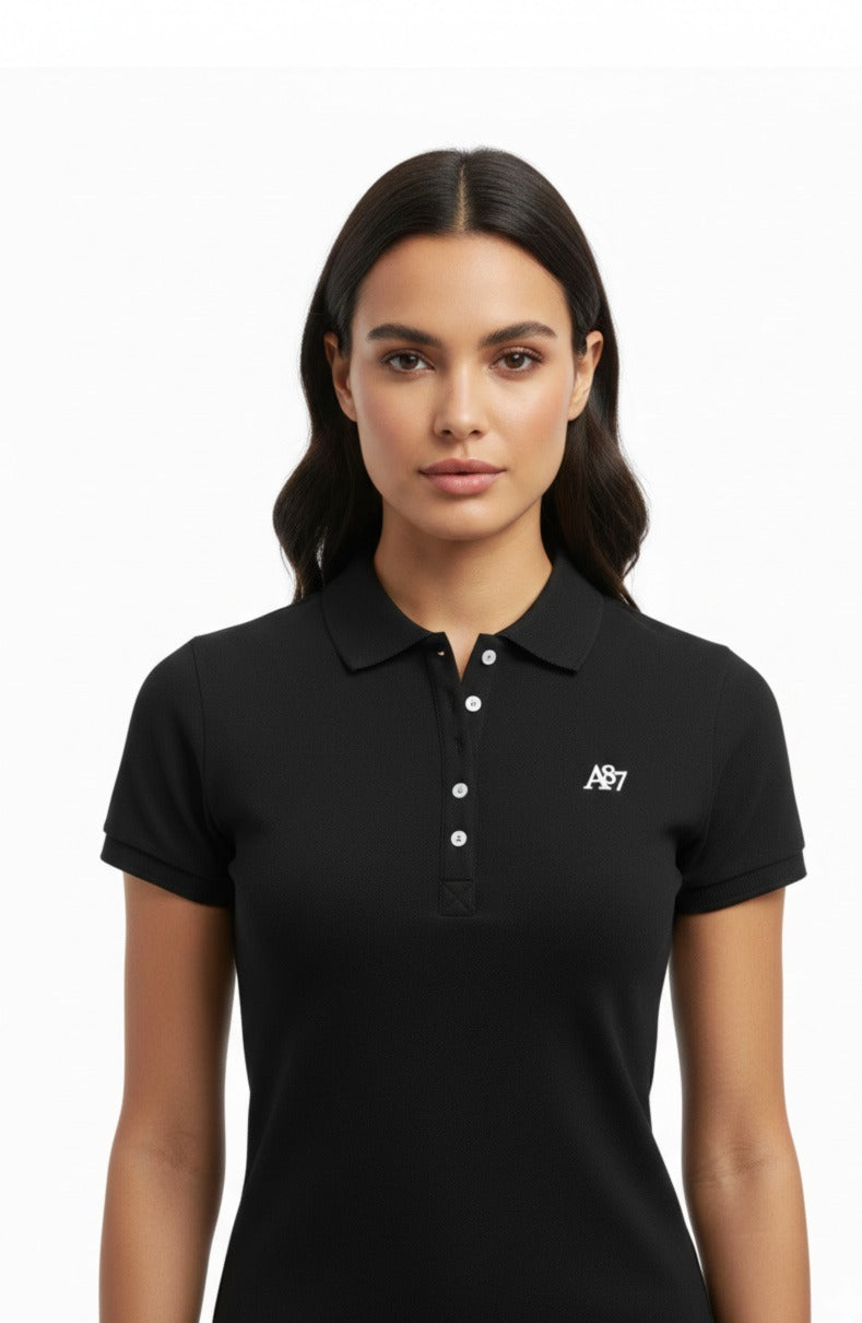 Polo Para Mujer Aero Solid Polo Dark Black Logo Blanco 4164