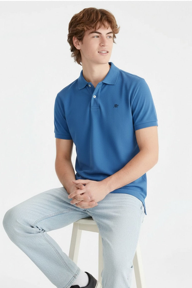 Polo Para Hombre Aero Guys Ss Solid Blue Logo White 7907